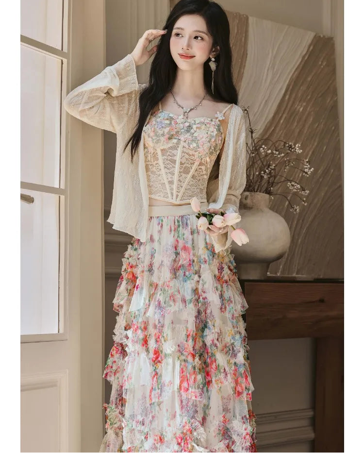 Elainna 3-Piece Outfit - Lace Bustier Top + Floral Ruffle Skirt + Cardigan