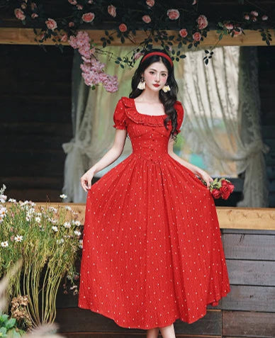 Red Cottagecore Style Dress Cottage Princess Dress Cottagecore Dress
