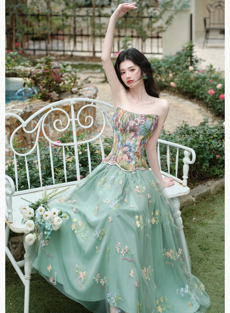Fae Enchantment 2-Piece Flower Embroidered Green Fairy Dress Set