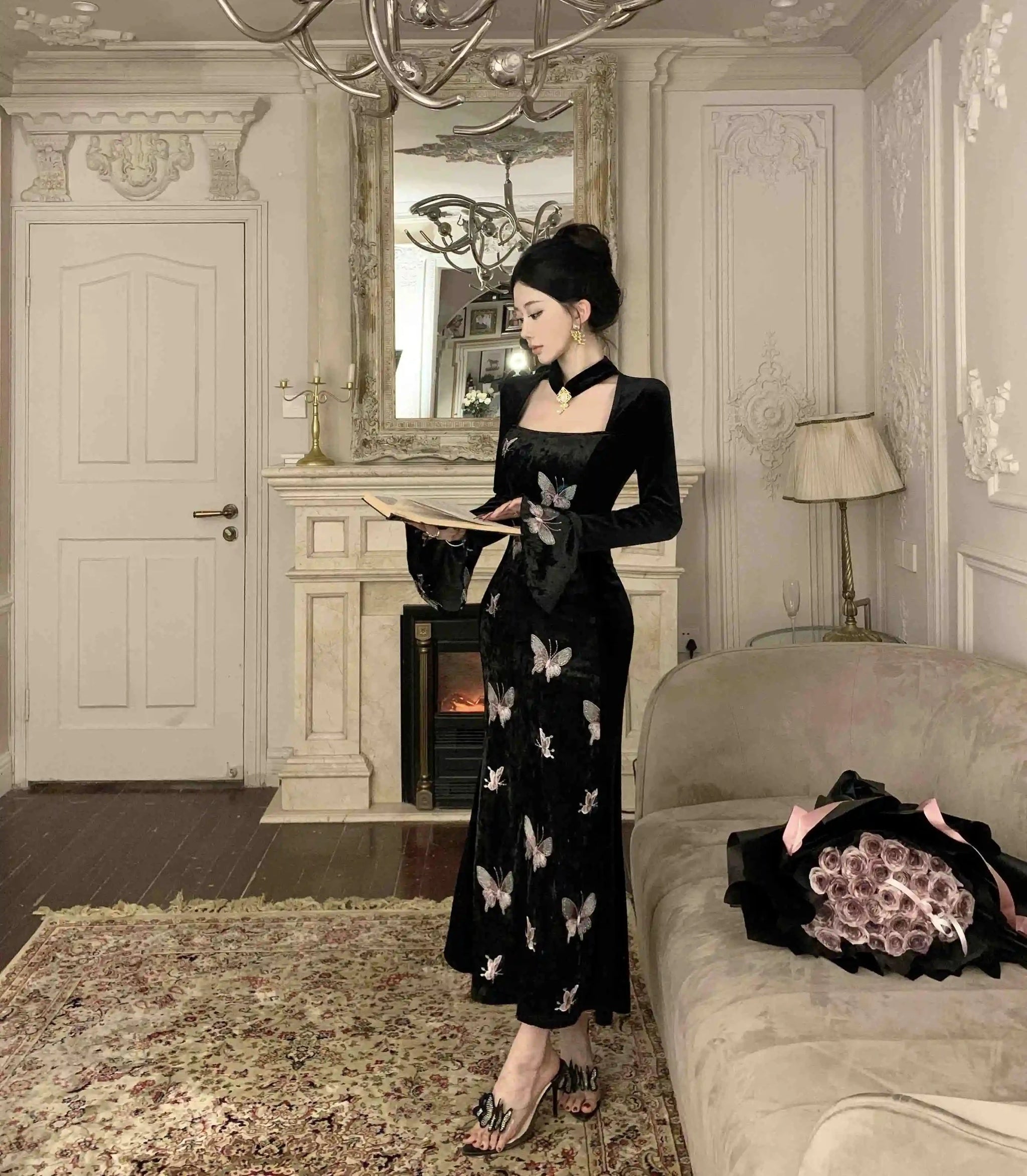 2-Piece Dark Fairy Butterfly Embroidered Velvet Dress with Choker 2-Piece Dark Fairy Butterfly Embroidered Velvet Dress with Choker