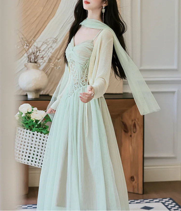 Mint-Green Fairy Princess Dress with Scarf balletcore mint dress