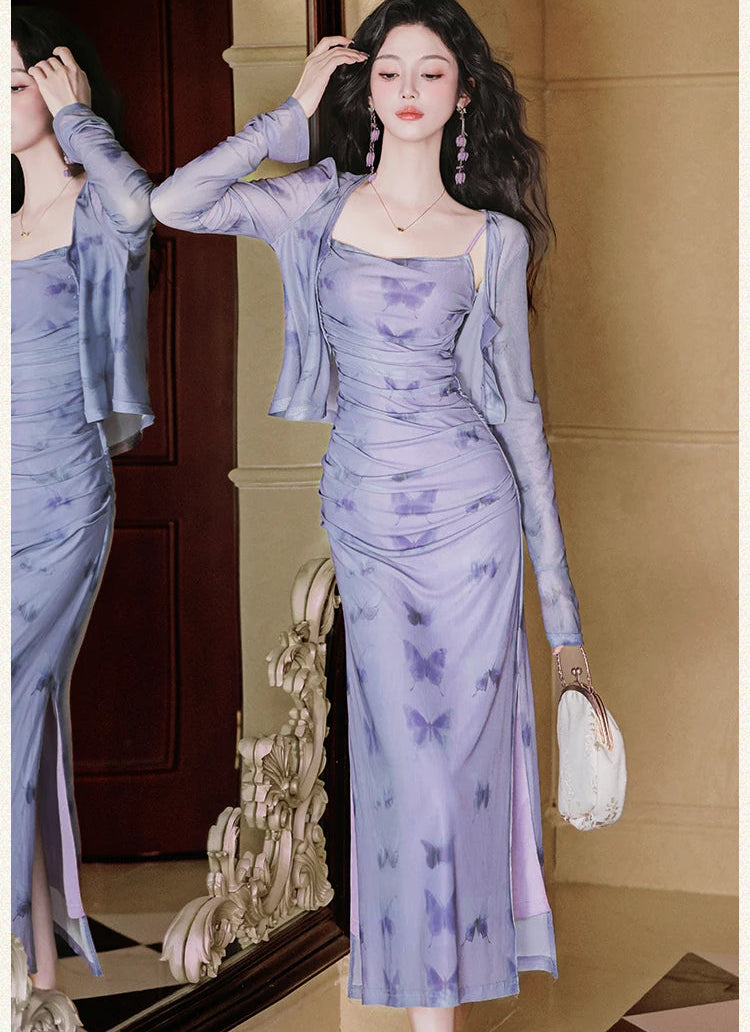 2-Piece Y2K Butterfly Slip Dress + Cardigan Set