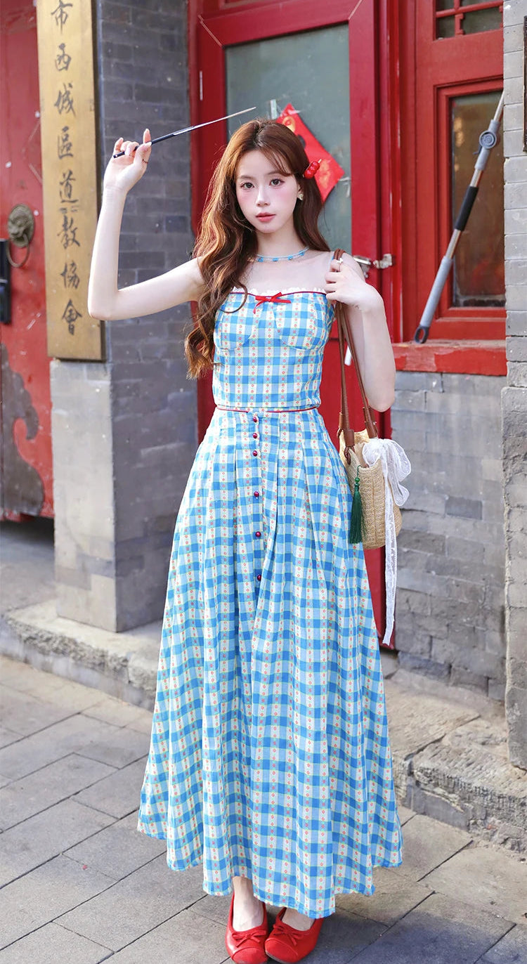 2-Piece Blue Plaid Picnic Dress Set