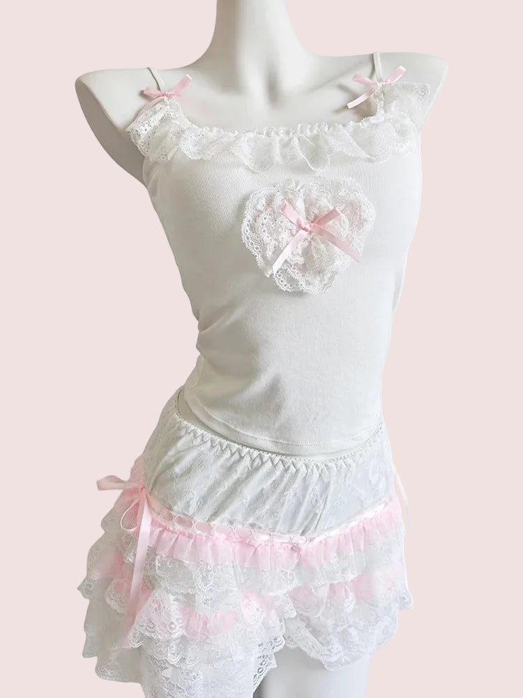 Sweetheart Diary Coquette Lace Ruffle Tank Top with Pink Bows