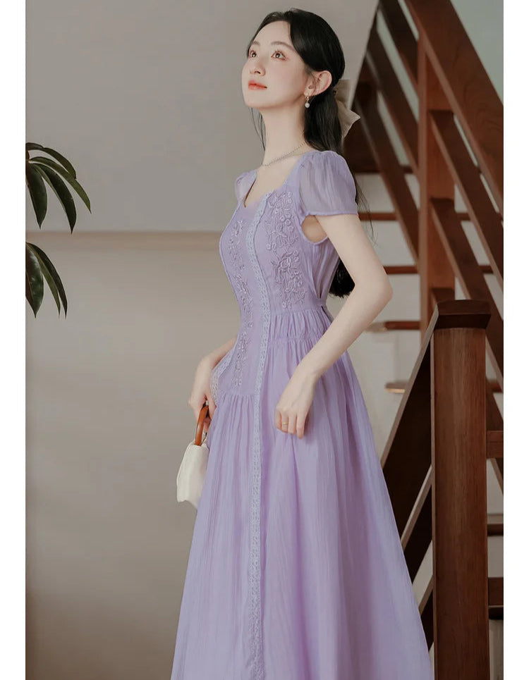 Lilac Embroidered Cottagecore Dress Lavender Bohemian Cottagecore Dress Lilac Embroidered Cottagecore Dress Lavender Bohemian Cottagecore Dress