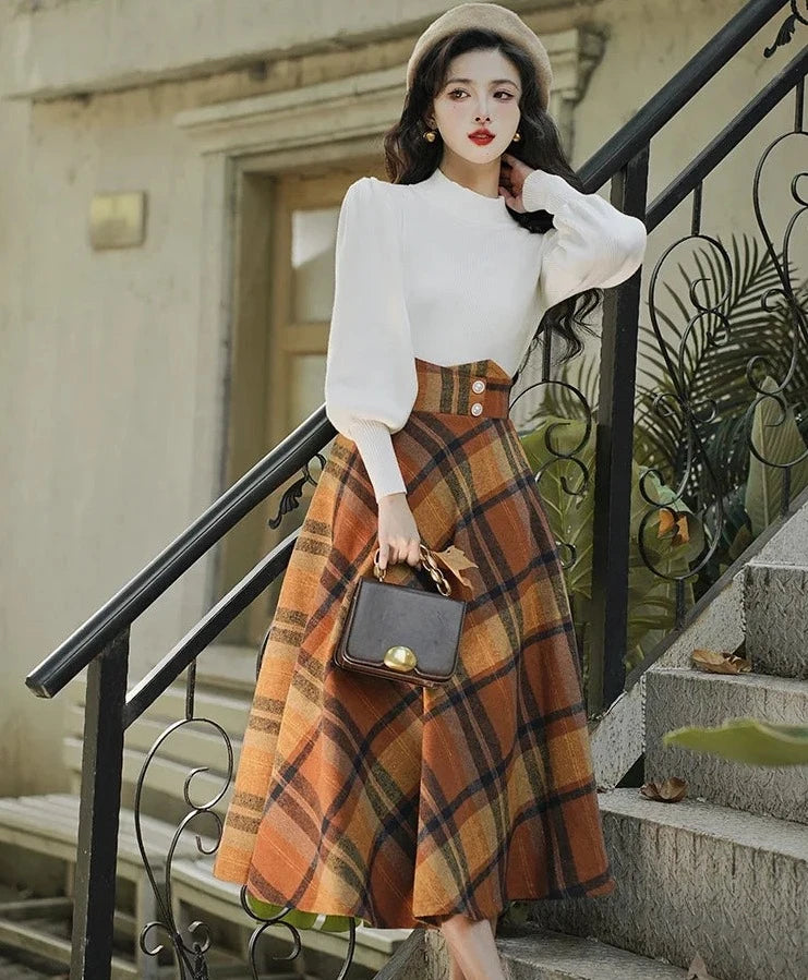 Dark Academia Wool A line High Waist Plaid Midi Skirt Dark Academia Skirt