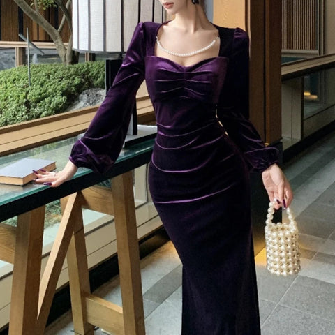 Purple Roseriver Pearl Chain Velvet Dress