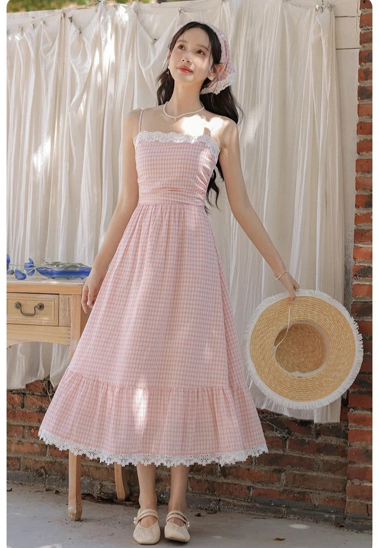 pink cottagecore dress Pink Summer Cottagecore Dress with Square Neckline and Short Puff Sleeves