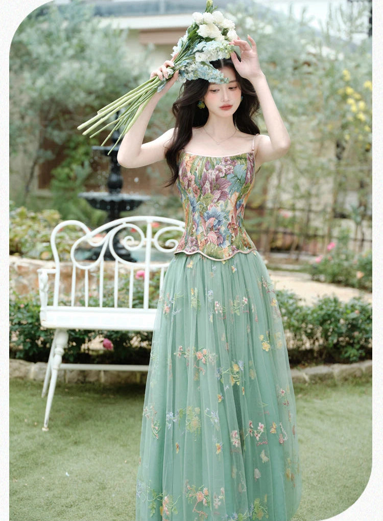 2-Piece Flower Embroidered Green Fairy Dress Set fairy dresses