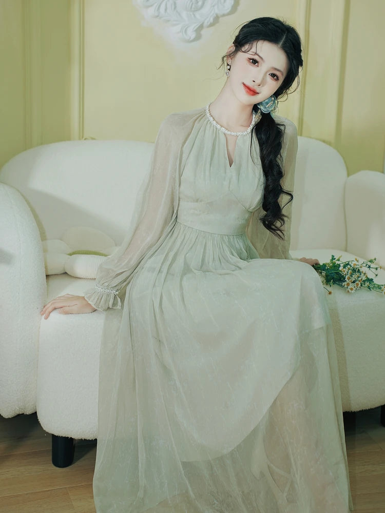 Nafia Seafoam-Green Pearl Beaded Romantic Princess Dress