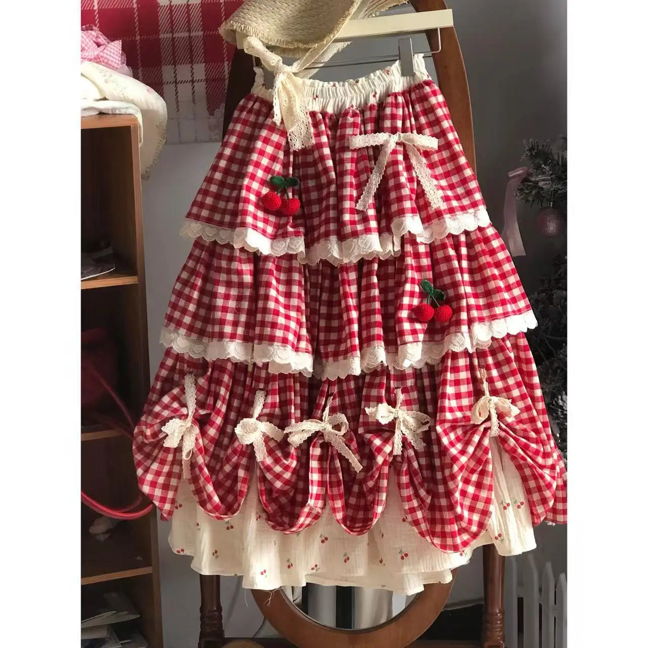 Cherry Red Plaid Cottagecore Skirt