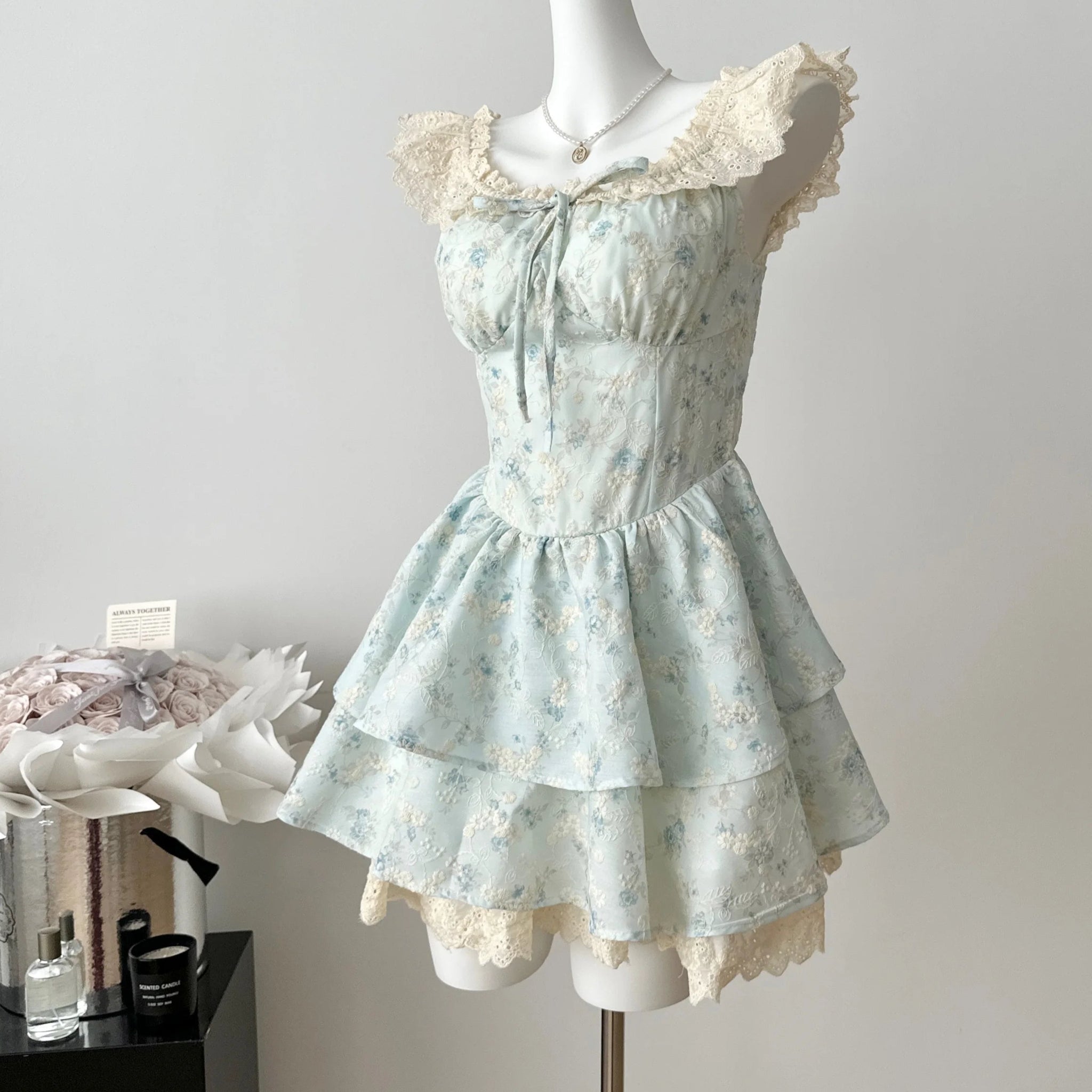Blue Floral embroidery Lace Coquette Dress coquette fashion style Blue Floral embroidery Lace Coquette Dress coquette fashion style