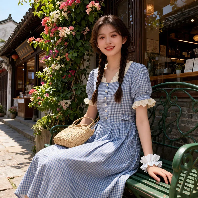 Dorothy Plaid Blue Cotton Cottagecore Dress wizard of oz dress Dorothy Plaid Blue Cotton Cottagecore Dress wizard of oz dress