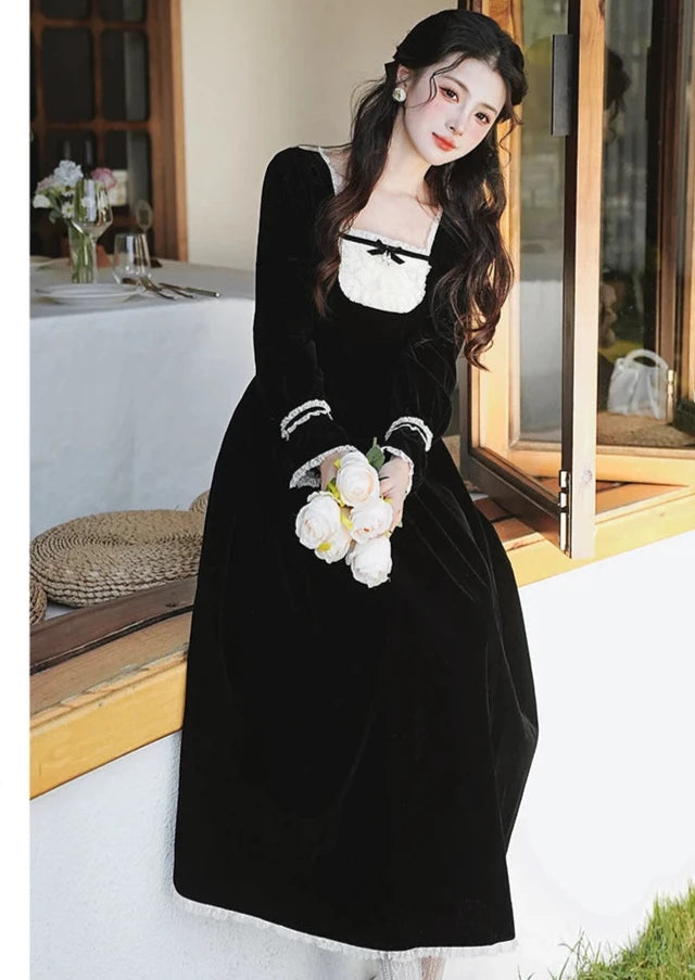 Yavia Dark Romantic Goth Princess Black Velvet Dress