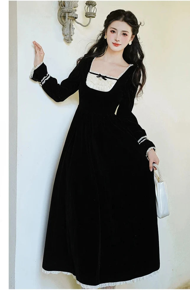 Yavia Dark Romantic Goth Princess Black Velvet Dress