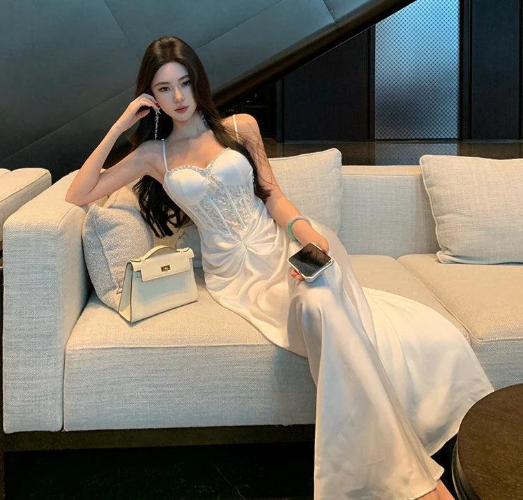 White Long Lace Corset Dress Long Bustier Dress Glam Prom Dresses