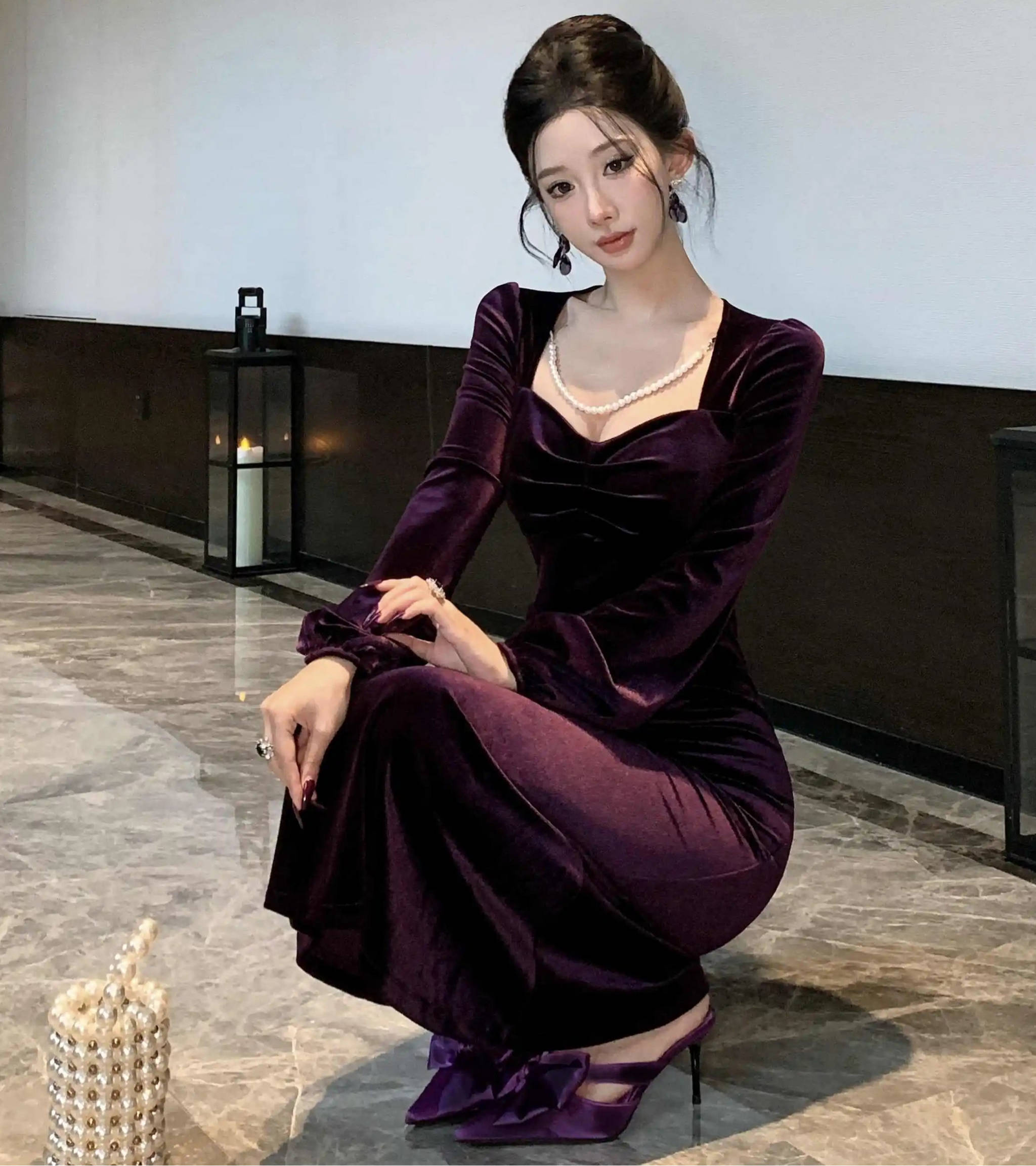 Purple Roseriver Pearl Chain Velvet Dress