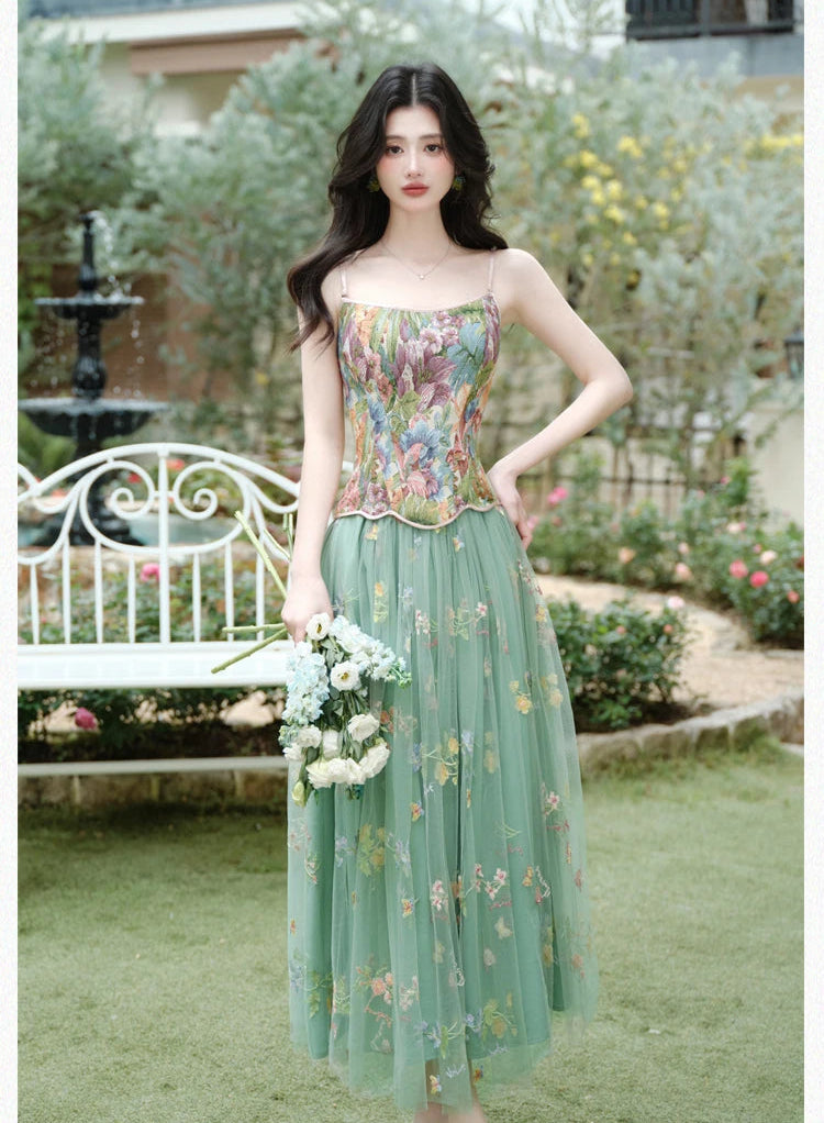 Fae Enchantment 2-Piece Flower Embroidered Green Fairy Dress Set