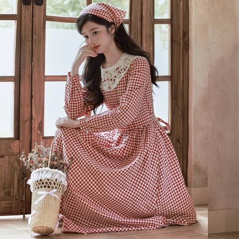 2-Piece Red Plaid Cottagecore Dress + Head Scarf Set