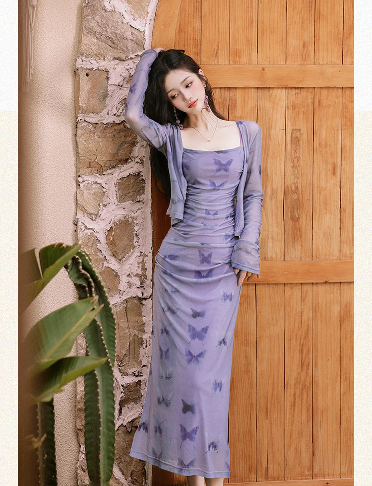 y2k slip dress 2-Piece Purple Butterfly Slip Dress + Cardigan Set 90s Y2K aesthetic