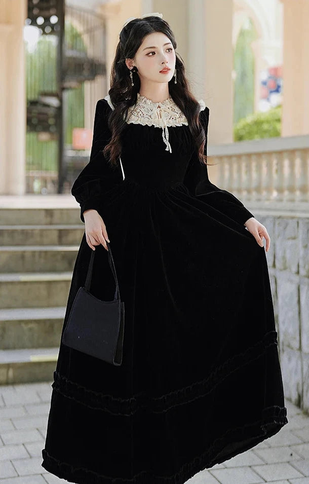 vintage black velvet dress Romantic Goth Dress Black Velvet Victorian Vintage Dress Dark Romantic