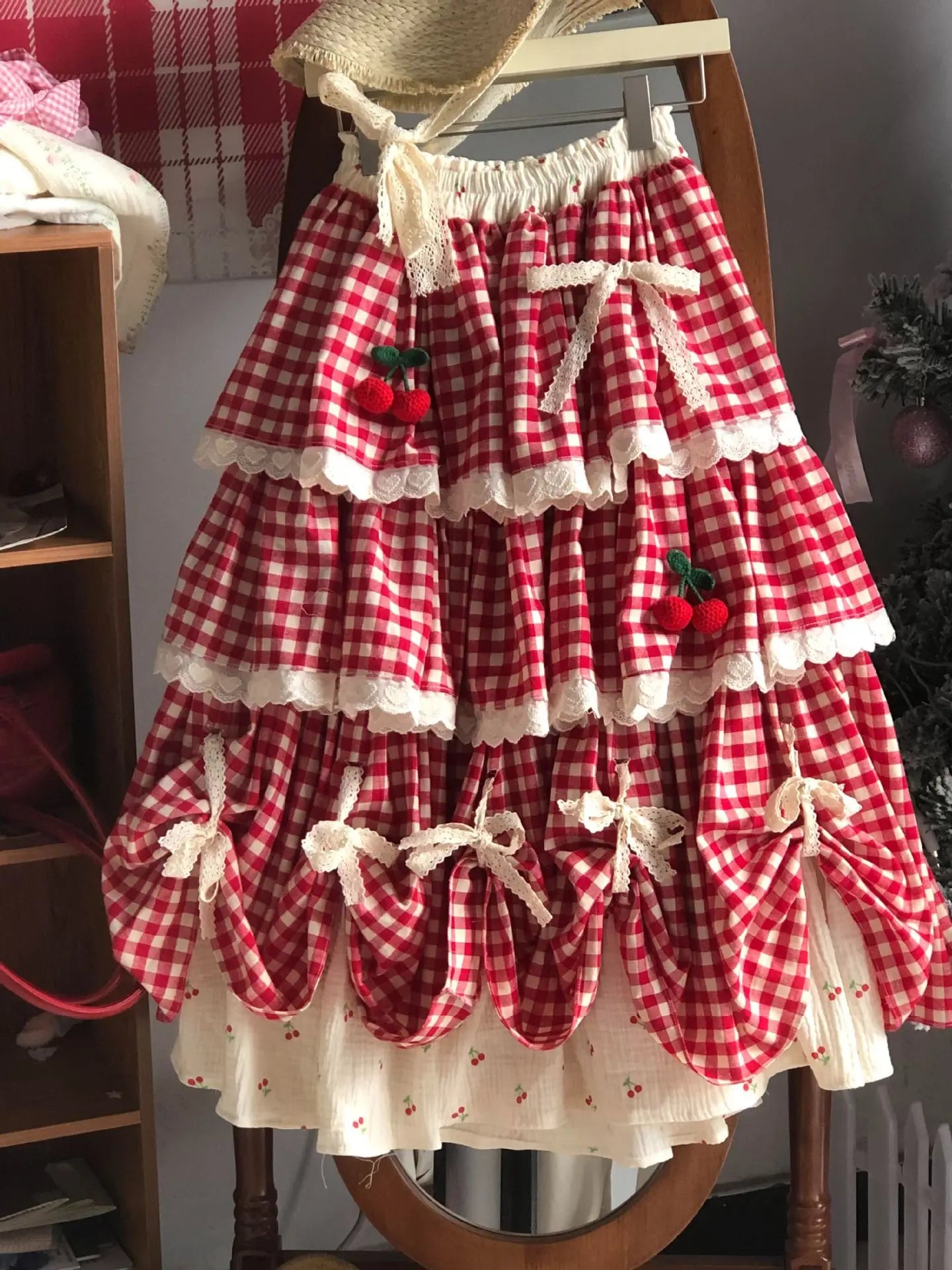 Cherry Red Plaid Cottagecore Skirt