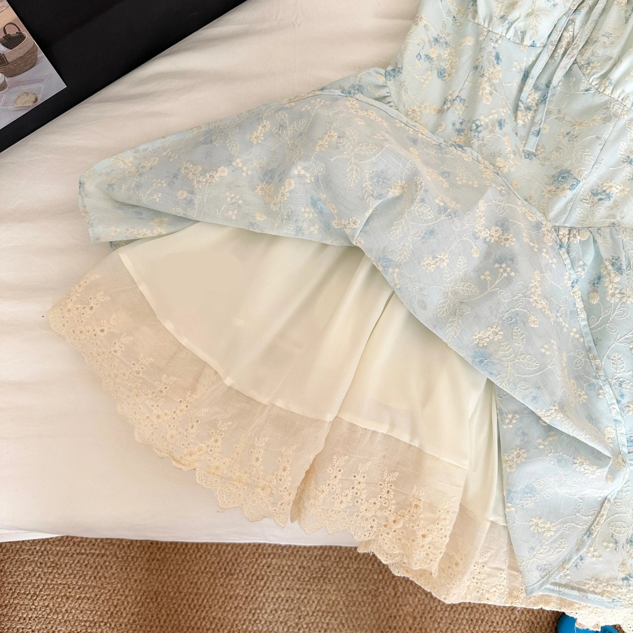 Blue Floral embroidery Lace Coquette Dress coquette fashion style Blue Floral embroidery Lace Coquette Dress coquette fashion style