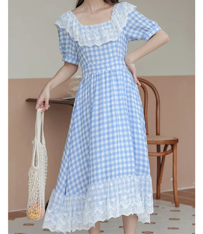 Heidi Plaid Blue Cottagecore Dress