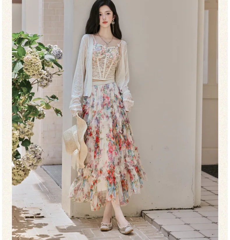 Elainna 3-Piece Outfit - Lace Bustier Top + Floral Ruffle Skirt + Cardigan