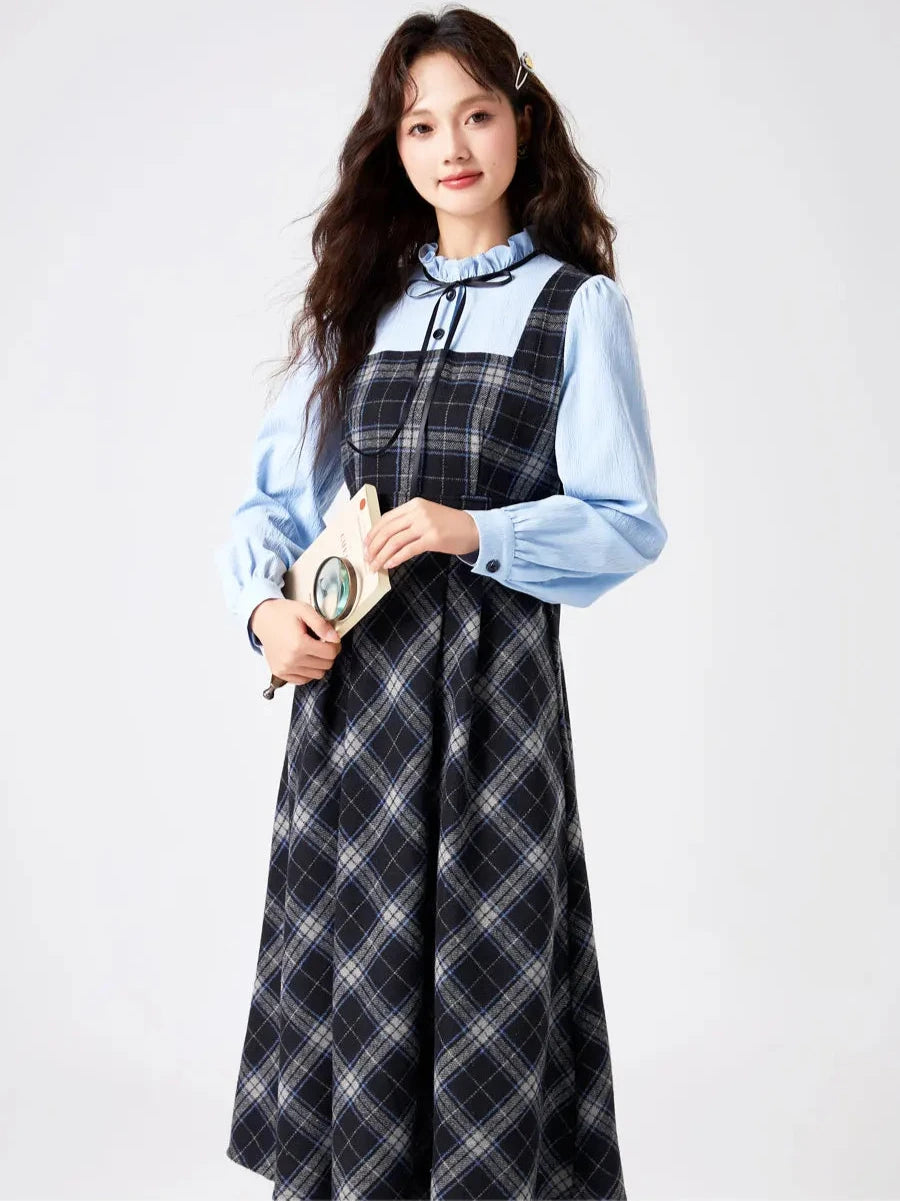 Blue Stories Dark Academia Plaid Long Sleeve Dress