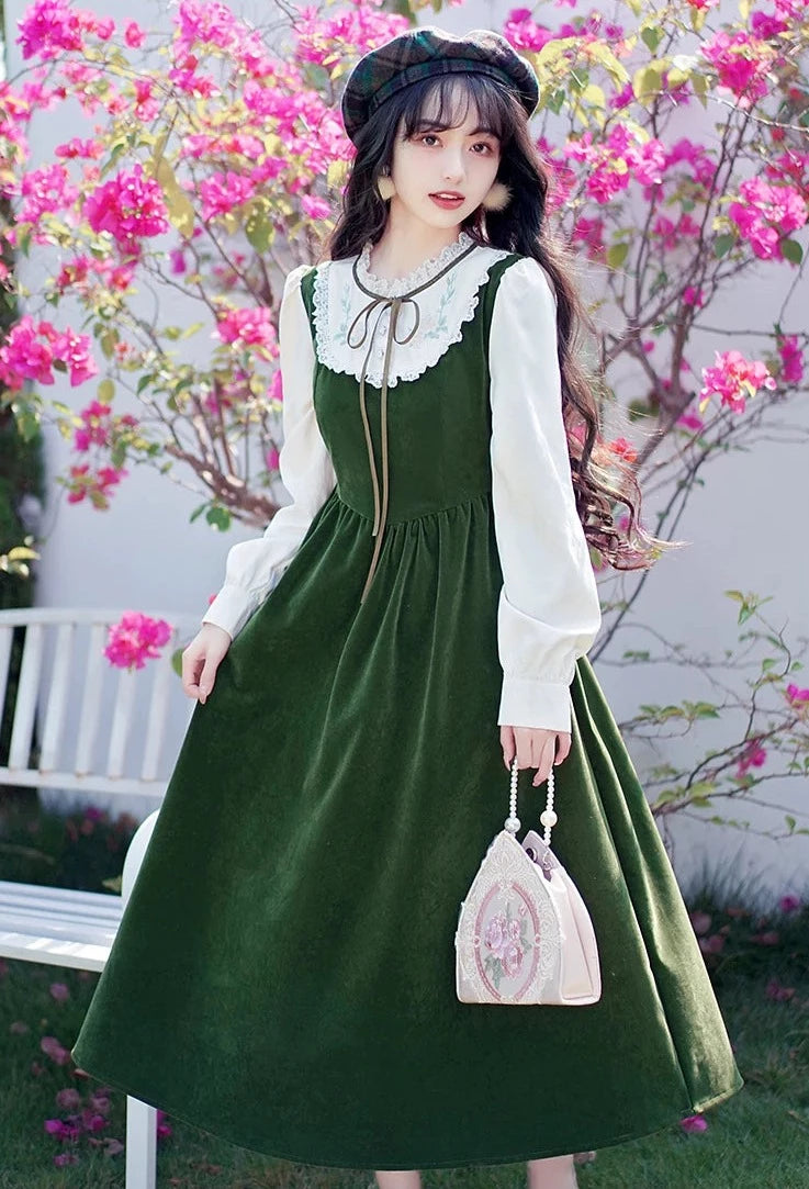 Harmony's Field Embroidered Emerald-Green Velvet Dress
