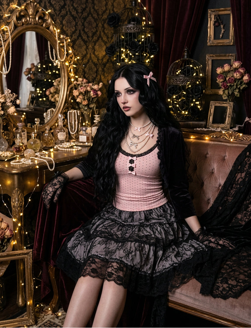 Sugar Noir Dark Coquette Lace Camisole Top Y2K Romantic Tank Top