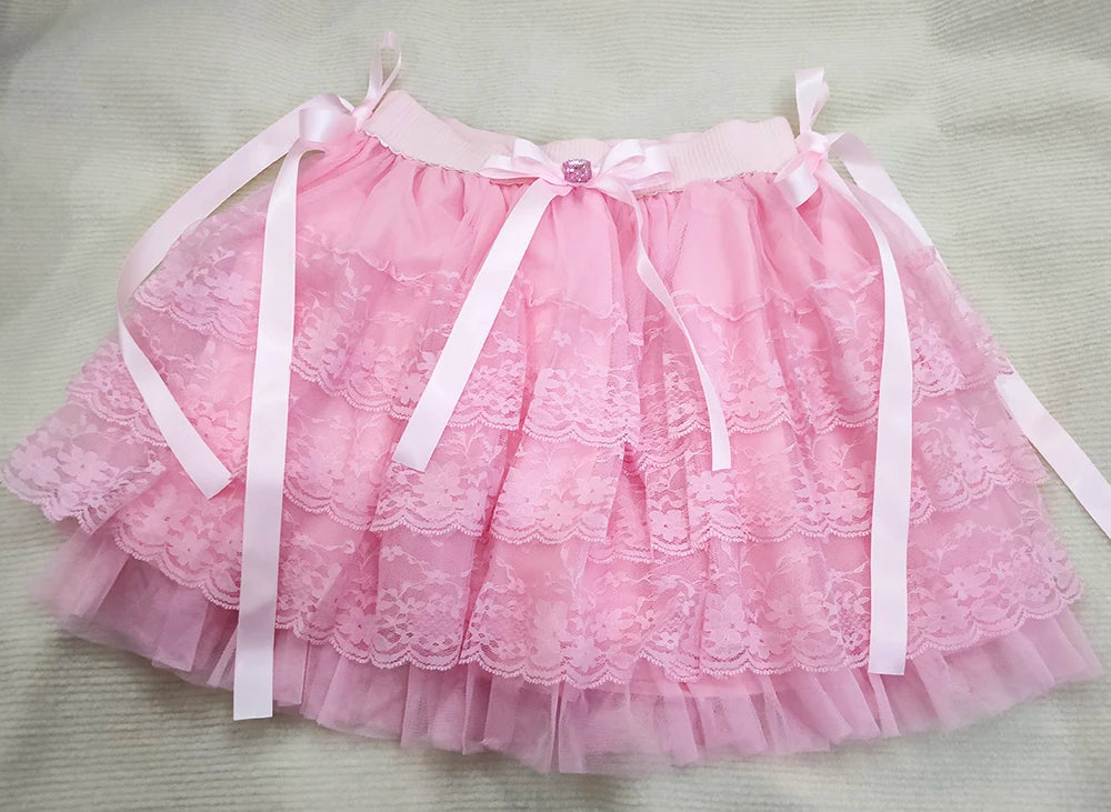 PinkBubble Princess Coquette Style Lace Bow Mini Skirt