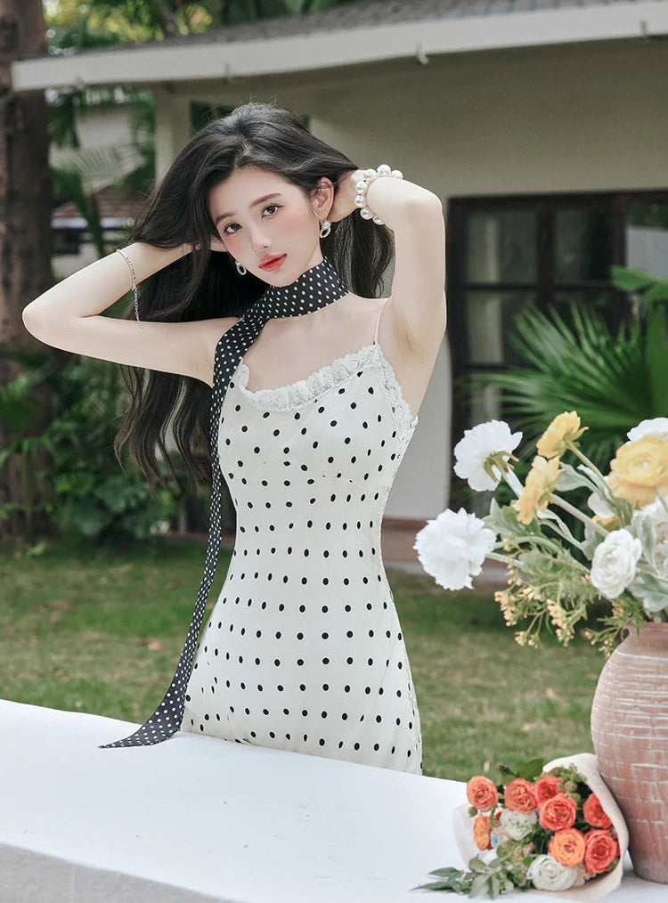 Lucy Coquette Polka Dot Maxi Dress 2-Piece Set (Dress+Scarf)