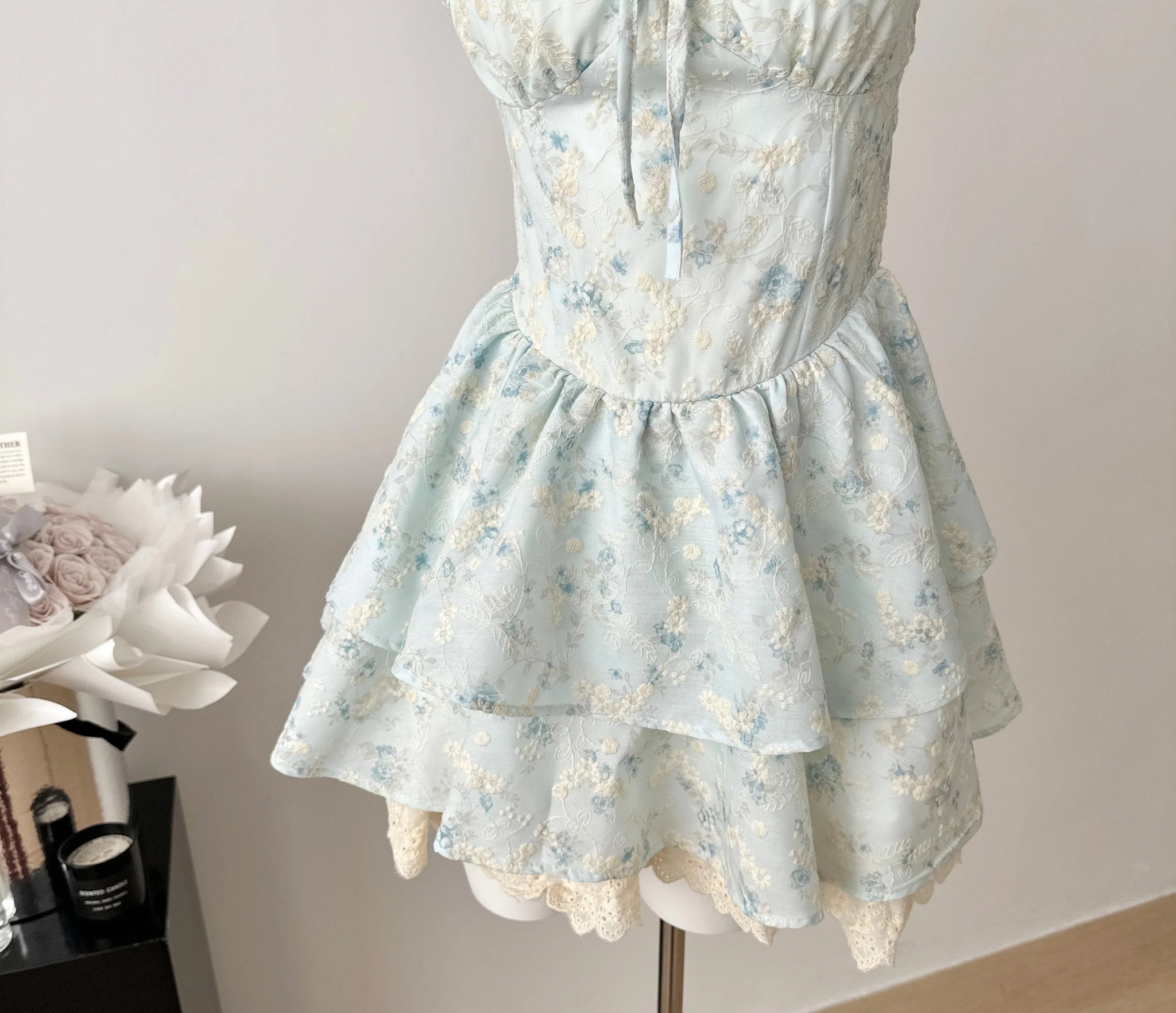 Blue Floral embroidery Lace Coquette Dress coquette fashion style Blue Floral embroidery Lace Coquette Dress coquette fashion style