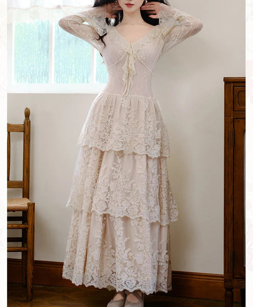 Estelia Romantic Royalcore Vintage-Style Lace Dress