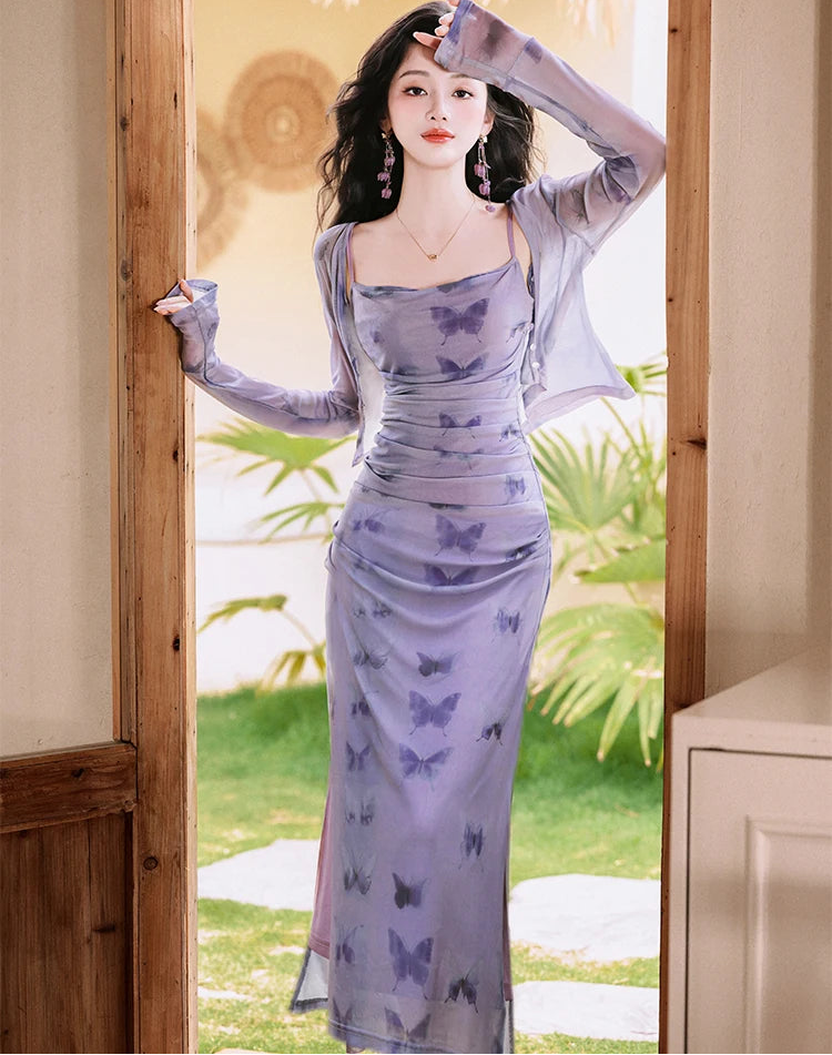 2-Piece Y2K Butterfly Slip Dress + Cardigan Set