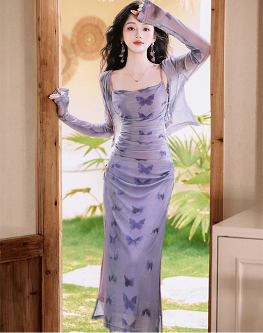 2-Piece Y2K Butterfly Slip Dress + Cardigan Set