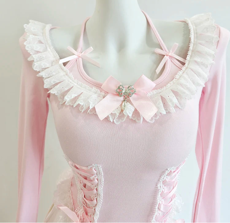 Pink/White Coquette Long Sleeve Lace-Up Kawaii Top