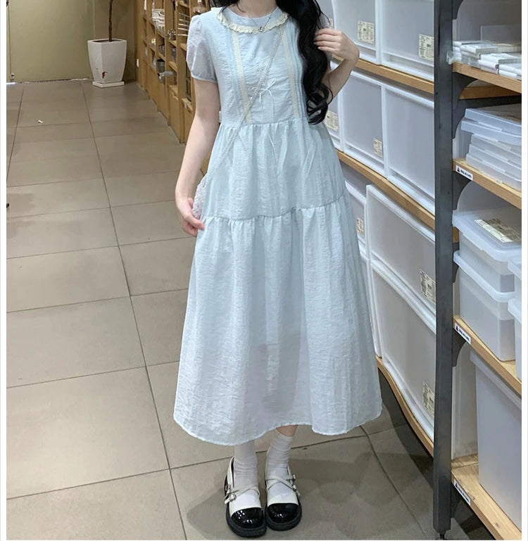 Lily of the Valley Embroidered Baby-Blue Dollcore Dress