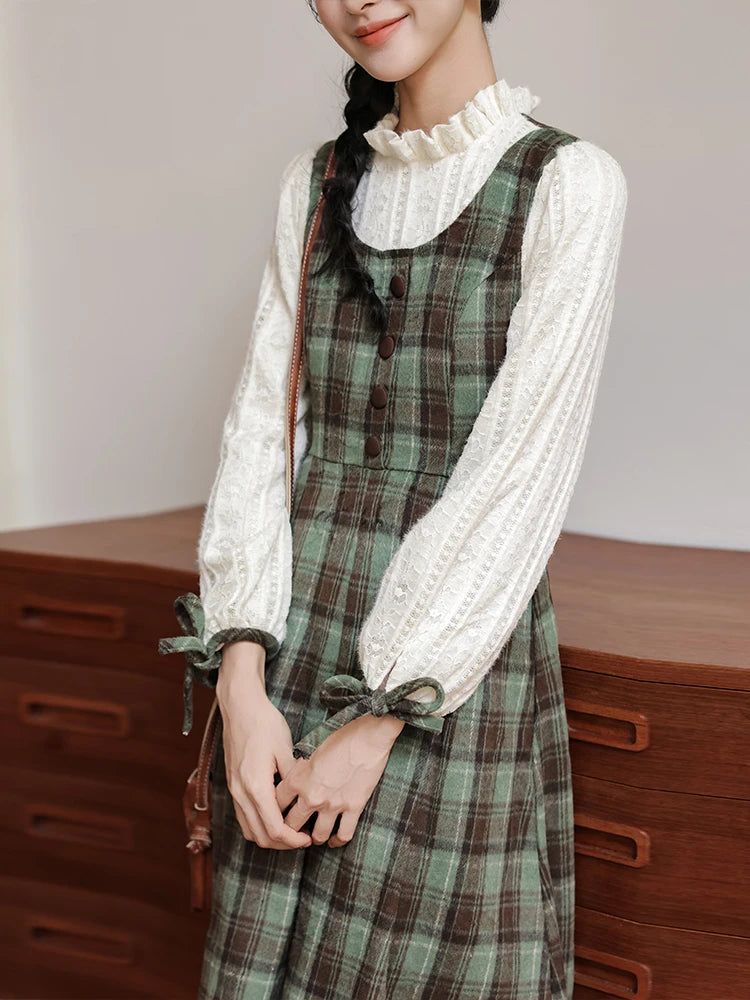 Slower Life Plaid Long Sleeve Cottagecore Dress