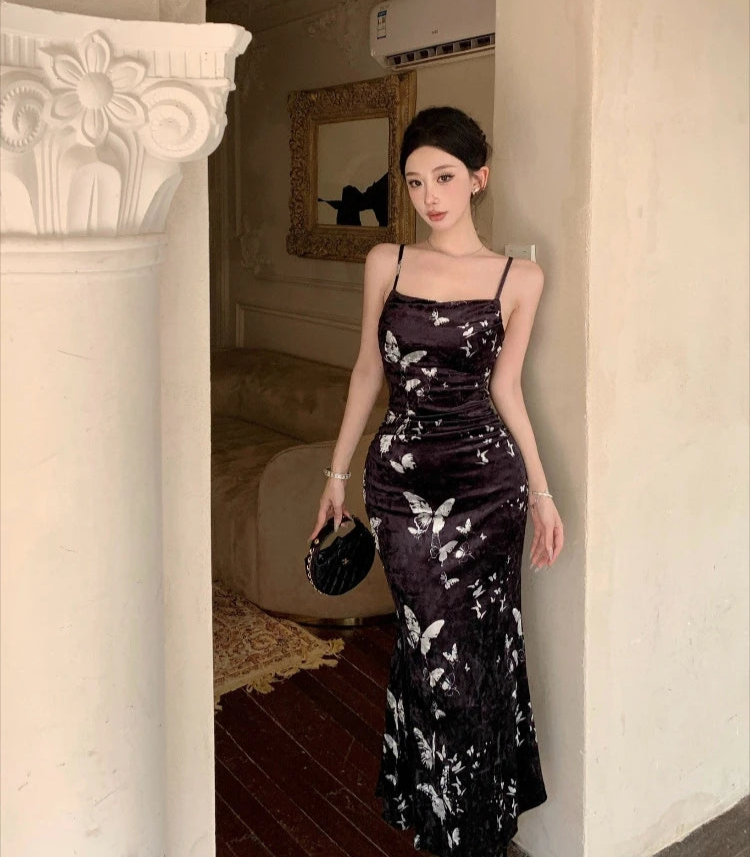 Dark Ethereal Style Butterfly Velvet 90s Minimalist Style Slip Dress Dark Ethereal Style Butterfly Velvet 90s Minimalist Style Slip Dress