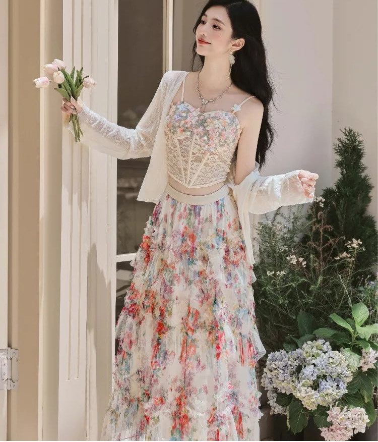 Elainna 3-Piece Outfit - Lace Bustier Top + Floral Ruffle Skirt + Cardigan
