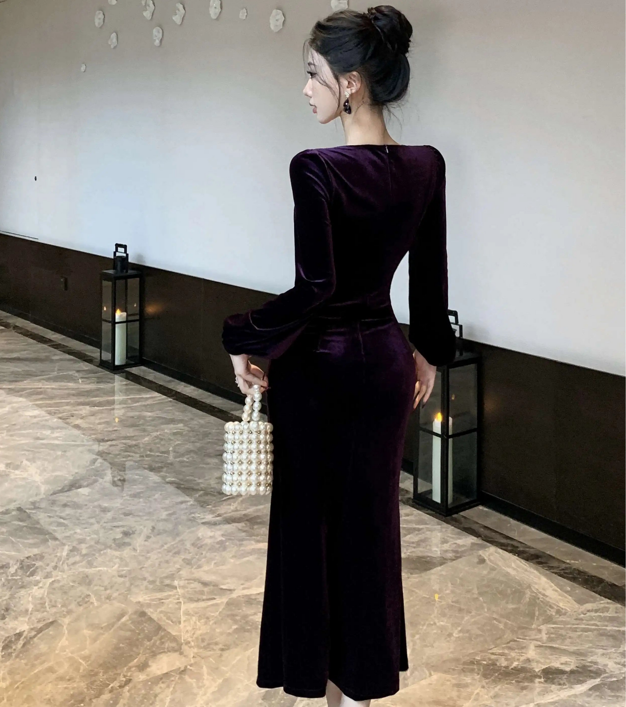 Purple Roseriver Pearl Chain Velvet Dress