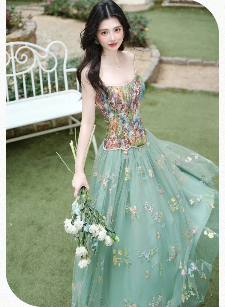 Fae Enchantment 2-Piece Flower Embroidered Green Fairy Dress Set