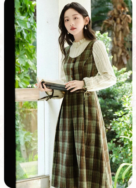 Harmony Plaid Wool Dark Academia Cottage Dress