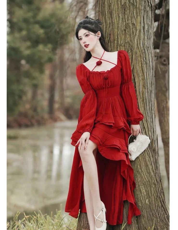 Royalcore Aesthetic Layered High Low Red Princesscore Prom Dress