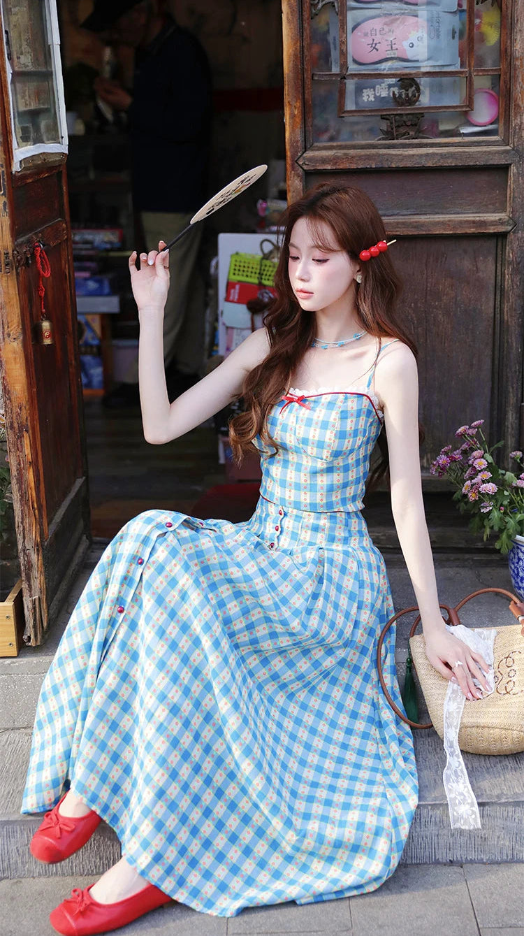 2-Piece Blue Plaid Picnic Dress Set