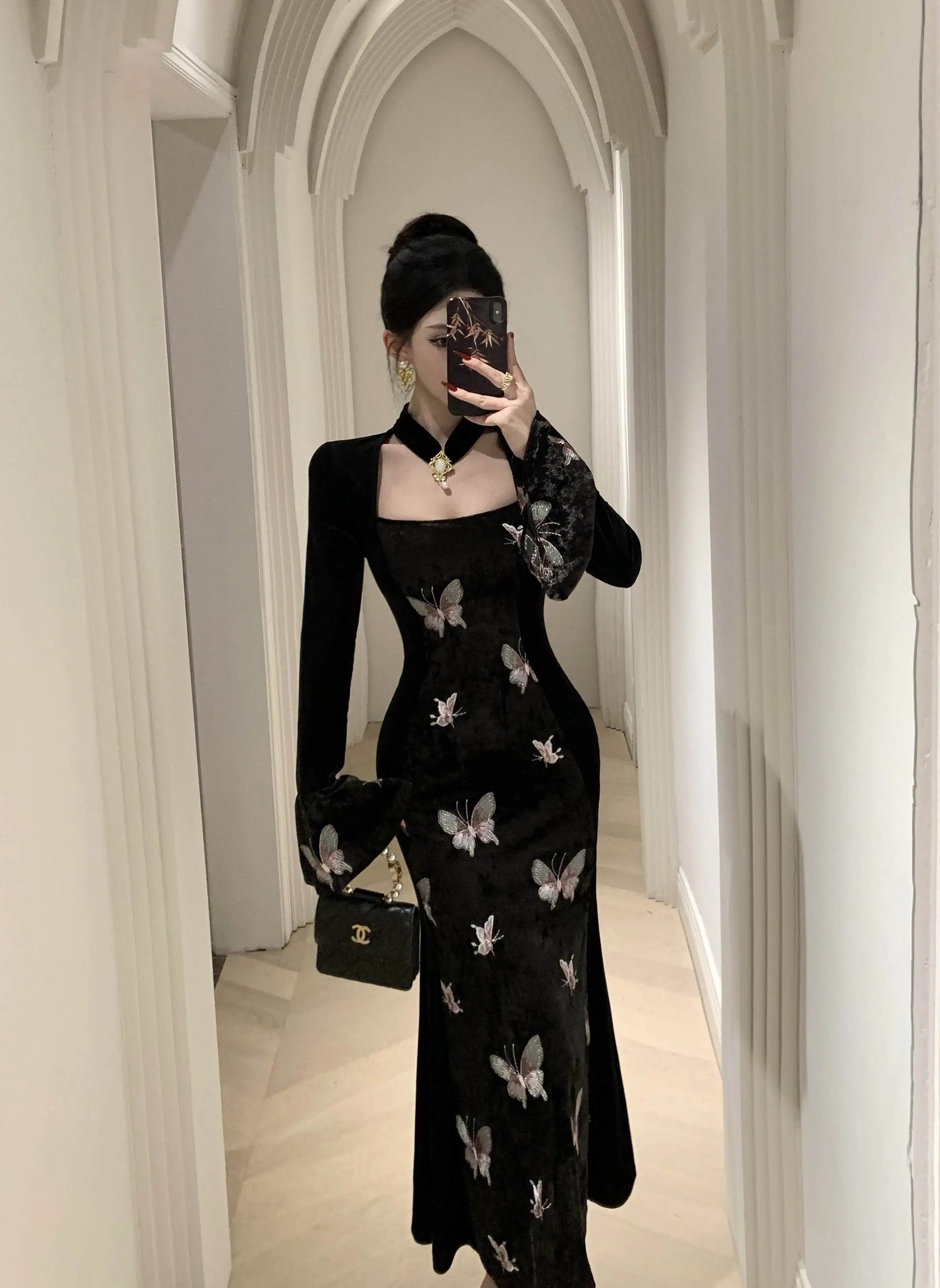 Dark Fairy Butterfly Embroidered Velvet Dress with Choker