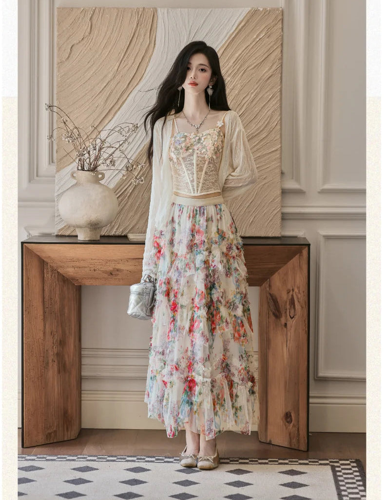 Elainna 3-Piece Outfit - Lace Bustier Top + Floral Ruffle Skirt + Cardigan